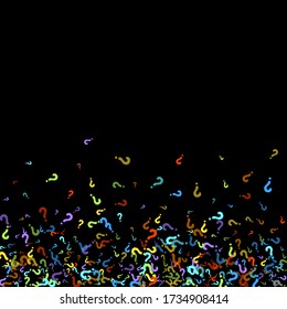 Marcas de preguntas dispersas en el fondo negro. Prueba, duda, encuesta, encuesta, faq, interrogatorio, antecedentes de consulta. Plantilla multicolor para encuesta de opinión, encuesta pública. Color arcoiris. Ilustración vectorial.