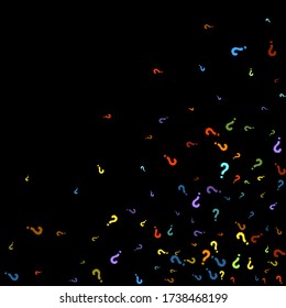 Question marks scattered on black background. Quiz, doubt, poll, survey, faq, interrogation, query background. Multicolored template for opinion poll, public poll. Rainbow color. Vector illustration.