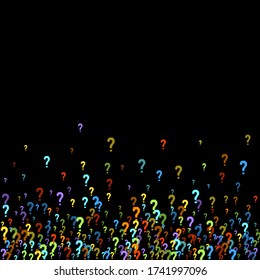Question marks scattered on black background. Quiz, doubt, poll, survey, faq, interrogation, query background. Multicolored template for opinion poll, public poll. Rainbow color. Vector illustration.