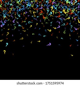 Question marks scattered on black background. Quiz, doubt, poll, survey, faq, interrogation, query background. Multicolored template for opinion poll, public poll. Rainbow color. Vector illustration.