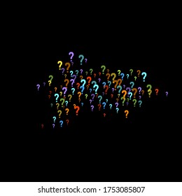 Question marks scattered on black background. Quiz, doubt, poll, survey, faq, interrogation, query background. Multicolored template for opinion poll, public poll. Rainbow color. Vector illustration.