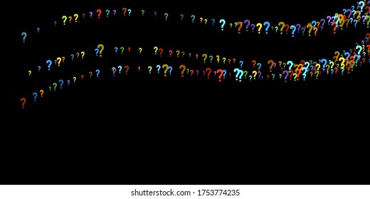 Question marks scattered on black background. Quiz, doubt, poll, survey, faq, interrogation, query background. Multicolored template for opinion poll, public poll. Rainbow color. Vector illustration.