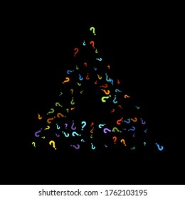 Question marks scattered on black background. Quiz, doubt, poll, survey, faq, interrogation, query background. Multicolored template for opinion poll, public poll. Rainbow color. Vector illustration.