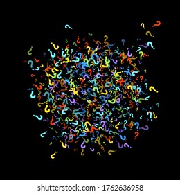 Question marks scattered on black background. Quiz, doubt, poll, survey, faq, interrogation, query background. Multicolored template for opinion poll, public poll. Rainbow color. Vector illustration.