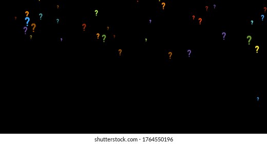 Marcas de preguntas dispersas en el fondo negro. Prueba, duda, encuesta, encuesta, faq, interrogatorio, antecedentes de consulta. Plantilla multicolor para encuesta de opinión, encuesta pública. Color arcoiris. Ilustración vectorial.