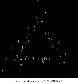 Question marks scattered on black background. Quiz, doubt, poll, survey, faq, interrogation, query background. Multicolored template for opinion poll, public poll. Rainbow color. Vector illustration.