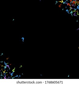 Marcas de preguntas dispersas en el fondo negro. Prueba, duda, encuesta, encuesta, faq, interrogatorio, antecedentes de consulta. Plantilla multicolor para encuesta de opinión, encuesta pública. Color arcoiris. Ilustración vectorial.