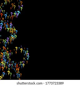 Question marks scattered on black background. Quiz, doubt, poll, survey, faq, interrogation, query background. Multicolored template for opinion poll, public poll. Rainbow color. Vector illustration.