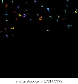 Question marks scattered on black background. Quiz, doubt, poll, survey, faq, interrogation, query background. Multicolored template for opinion poll, public poll. Rainbow color. Vector illustration.