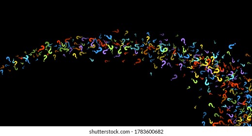 Question marks scattered on black background. Quiz, doubt, poll, survey, faq, interrogation, query background. Multicolored template for opinion poll, public poll. Rainbow color. Vector illustration.