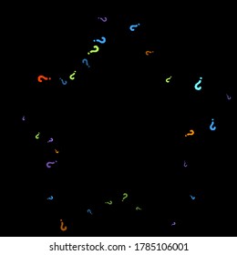 Question marks scattered on black background. Quiz, doubt, poll, survey, faq, interrogation, query background. Multicolored template for opinion poll, public poll. Rainbow color. Vector illustration.