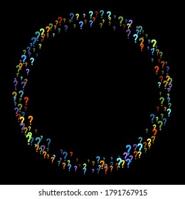 Question marks scattered on black background. Quiz, doubt, poll, survey, faq, interrogation, query background. Multicolored template for opinion poll, public poll. Rainbow color. Vector illustration.