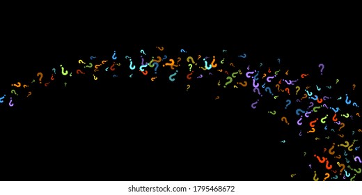 Question marks scattered on black background. Quiz, doubt, poll, survey, faq, interrogation, query background. Multicolored template for opinion poll, public poll. Rainbow color. Vector illustration.
