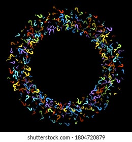 Question marks scattered on black background. Quiz, doubt, poll, survey, faq, interrogation, query background. Multicolored template for opinion poll, public poll. Rainbow color. Vector illustration.