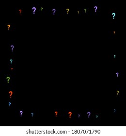 Marcas de preguntas dispersas en el fondo negro. Prueba, duda, encuesta, encuesta, faq, interrogatorio, antecedentes de consulta. Plantilla multicolor para encuesta de opinión, encuesta pública. Color arcoiris. Ilustración vectorial.