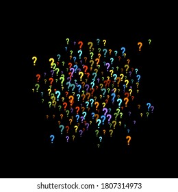 Question marks scattered on black background. Quiz, doubt, poll, survey, faq, interrogation, query background. Multicolored template for opinion poll, public poll. Rainbow color. Vector illustration.