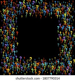 Question marks scattered on black background. Quiz, doubt, poll, survey, faq, interrogation, query background. Multicolored template for opinion poll, public poll. Rainbow color. Vector illustration.