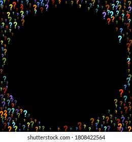 Question marks scattered on black background. Quiz, doubt, poll, survey, faq, interrogation, query background. Multicolored template for opinion poll, public poll. Rainbow color. Vector illustration.