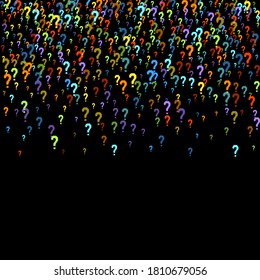 Question marks scattered on black background. Quiz, doubt, poll, survey, faq, interrogation, query background. Multicolored template for opinion poll, public poll. Rainbow color. Vector illustration.
