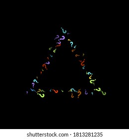 Question marks scattered on black background. Quiz, doubt, poll, survey, faq, interrogation, query background. Multicolored template for opinion poll, public poll. Rainbow color. Vector illustration.