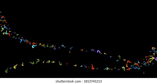 Question marks scattered on black background. Quiz, doubt, poll, survey, faq, interrogation, query background. Multicolored template for opinion poll, public poll. Rainbow color. Vector illustration.