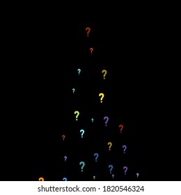 Question marks scattered on black background. Quiz, doubt, poll, survey, faq, interrogation, query background. Multicolored template for opinion poll, public poll. Rainbow color. Vector illustration.