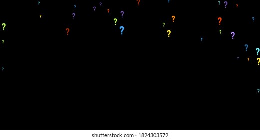 Marcas de preguntas dispersas en el fondo negro. Prueba, duda, encuesta, encuesta, faq, interrogatorio, antecedentes de consulta. Plantilla multicolor para encuesta de opinión, encuesta pública. Color arcoiris. Ilustración vectorial.