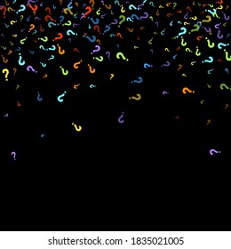 Question marks scattered on black background. Quiz, doubt, poll, survey, faq, interrogation, query background. Multicolored template for opinion poll, public poll. Rainbow color. Vector illustration.