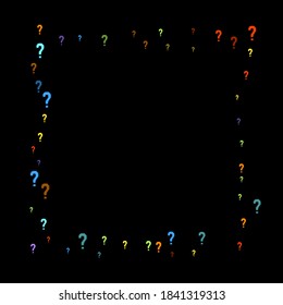 Question marks scattered on black background. Quiz, doubt, poll, survey, faq, interrogation, query background. Multicolored template for opinion poll, public poll. Rainbow color. Vector illustration.