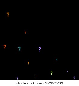 Fragezeichen verstreut auf schwarzem Hintergrund. Quiz, Zweifel, Umfrage, Umfrage, FAQ, Abfrage, Hintergrund. mehrfarbige Vorlage für Meinungsumfragen, öffentliche Umfrage. Regenbogenfarbe. Vektorgrafik.