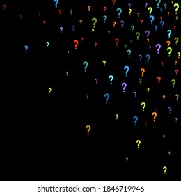 Question marks scattered on black background. Quiz, doubt, poll, survey, faq, interrogation, query background. Multicolored template for opinion poll, public poll. Rainbow color. Vector illustration.
