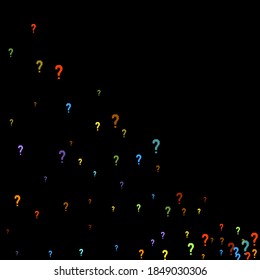 Fragezeichen verstreut auf schwarzem Hintergrund. Quiz, Zweifel, Umfrage, Umfrage, FAQ, Abfrage, Hintergrund. mehrfarbige Vorlage für Meinungsumfragen, öffentliche Umfrage. Regenbogenfarbe. Vektorgrafik.