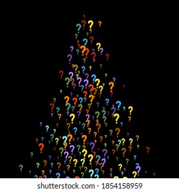 Question marks scattered on black background. Quiz, doubt, poll, survey, faq, interrogation, query background. Multicolored template for opinion poll, public poll. Rainbow color. Vector illustration.