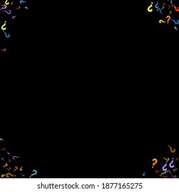 Marcas de preguntas dispersas en el fondo negro. Prueba, duda, encuesta, encuesta, faq, interrogatorio, antecedentes de consulta. Plantilla multicolor para encuesta de opinión, encuesta pública. Color arcoiris. Ilustración vectorial.
