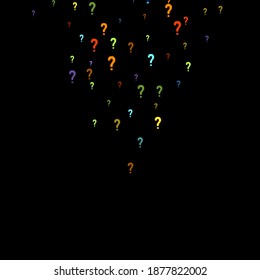 Marcas de preguntas dispersas en el fondo negro. Prueba, duda, encuesta, encuesta, faq, interrogatorio, antecedentes de consulta. Plantilla multicolor para encuesta de opinión, encuesta pública. Color arcoiris. Ilustración vectorial.