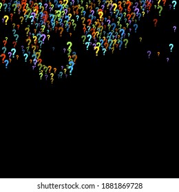 Question marks scattered on black background. Quiz, doubt, poll, survey, faq, interrogation, query background. Multicolored template for opinion poll, public poll. Rainbow color. Vector illustration.