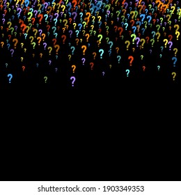 Marcas de preguntas dispersas en el fondo negro. Prueba, duda, encuesta, encuesta, faq, interrogatorio, antecedentes de consulta. Plantilla multicolor para encuesta de opinión, encuesta pública. Color arcoiris. Ilustración vectorial.