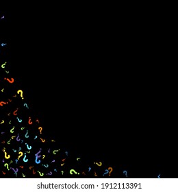 Question marks scattered on black background. Quiz, doubt, poll, survey, faq, interrogation, query background. Multicolored template for opinion poll, public poll. Rainbow color. Vector illustration.