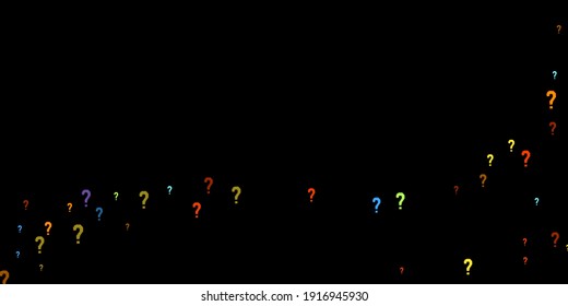 Question marks scattered on black background. Quiz, doubt, poll, survey, faq, interrogation, query background. Multicolored template for opinion poll, public poll. Rainbow color. Vector illustration.