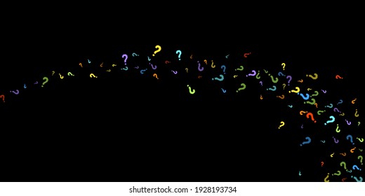 Question marks scattered on black background. Quiz, doubt, poll, survey, faq, interrogation, query background. Multicolored template for opinion poll, public poll. Rainbow color. Vector illustration.