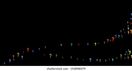 Question marks scattered on black background. Quiz, doubt, poll, survey, faq, interrogation, query background. Multicolored template for opinion poll, public poll. Rainbow color. Vector illustration.
