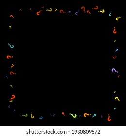 Question marks scattered on black background. Quiz, doubt, poll, survey, faq, interrogation, query background. Multicolored template for opinion poll, public poll. Rainbow color. Vector illustration.