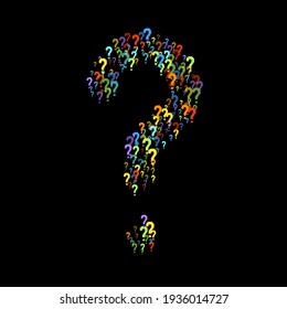 Question marks scattered on black background. Quiz, doubt, poll, survey, faq, interrogation, query background. Multicolored template for opinion poll, public poll. Rainbow color. Vector illustration.