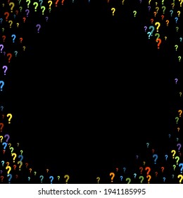 Question marks scattered on black background. Quiz, doubt, poll, survey, faq, interrogation, query background. Multicolored template for opinion poll, public poll. Rainbow color. Vector illustration.