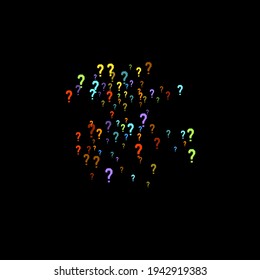Question marks scattered on black background. Quiz, doubt, poll, survey, faq, interrogation, query background. Multicolored template for opinion poll, public poll. Rainbow color. Vector illustration.