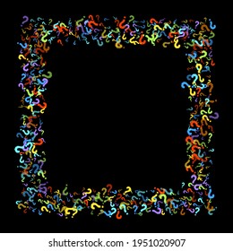 Question marks scattered on black background. Quiz, doubt, poll, survey, faq, interrogation, query background. Multicolored template for opinion poll, public poll. Rainbow color. Vector illustration.