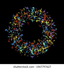 Question marks scattered on black background. Quiz, doubt, poll, survey, faq, interrogation, query background. Multicolored template for opinion poll, public poll. Rainbow color. Vector illustration.