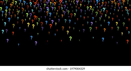 Question marks scattered on black background. Quiz, doubt, poll, survey, faq, interrogation, query background. Multicolored template for opinion poll, public poll. Rainbow color. Vector illustration.