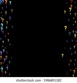 Question marks scattered on black background. Quiz, doubt, poll, survey, faq, interrogation, query background. Multicolored template for opinion poll, public poll. Rainbow color. Vector illustration.