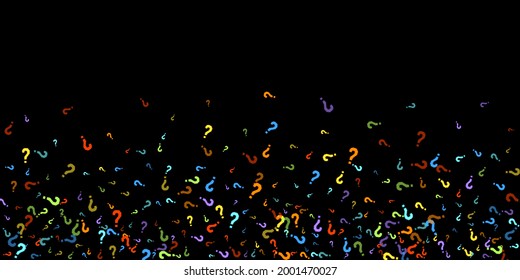 Question marks scattered on black background. Quiz, doubt, poll, survey, faq, interrogation, query background. Multicolored template for opinion poll, public poll. Rainbow color. Vector illustration.